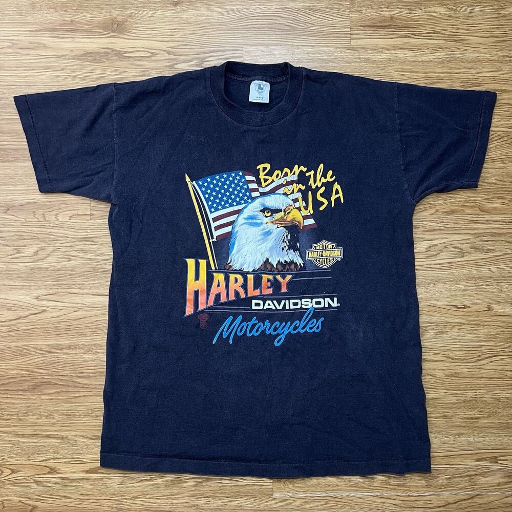 Vtg 1989 Harley Davidson Born In The USA Eagle Flag T Shirt LG Single Stitch USA